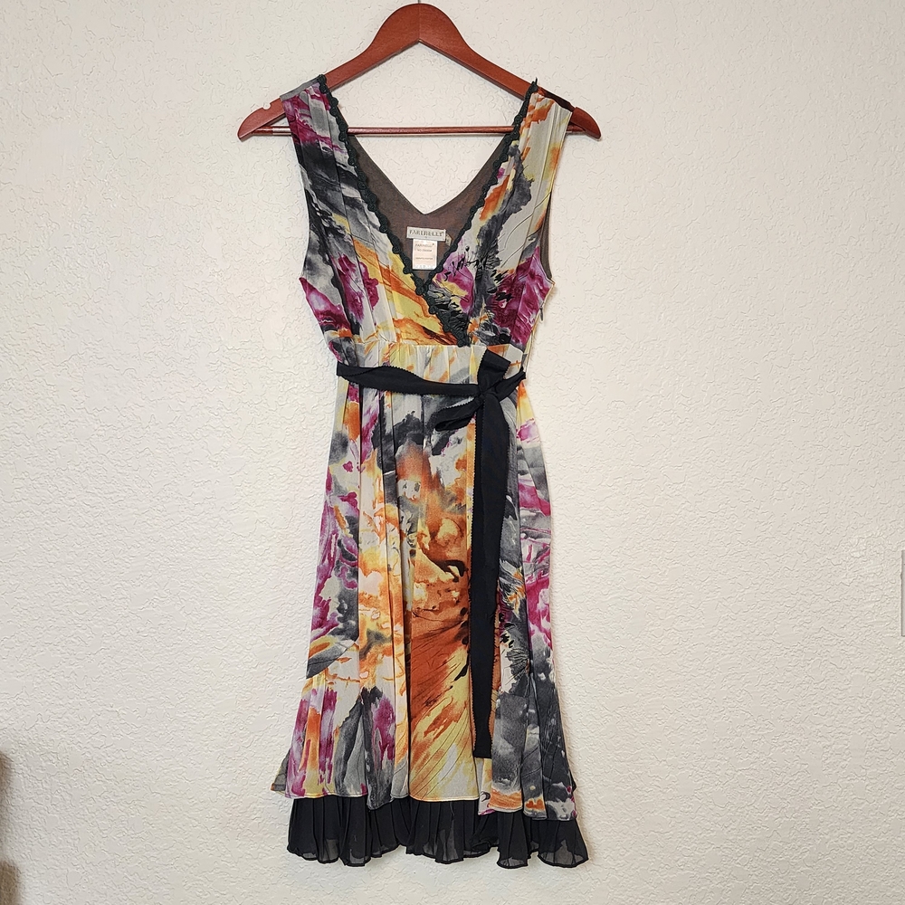 Farinelli Multicolor Abstract Print Midi Dress Size S Tie Belt Resort Feminine